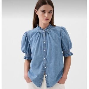 Gap Puff Sleeve Blue Chambray Denim Short-Sleeve Blouse XL